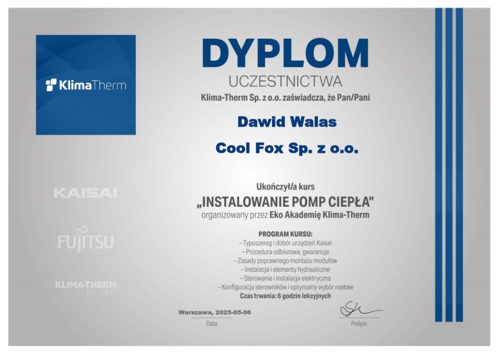 certyfikat pompy ciepła kaisai