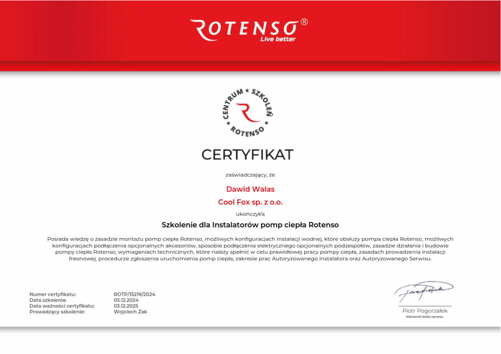 certyfikat pompy ciepła rotenso